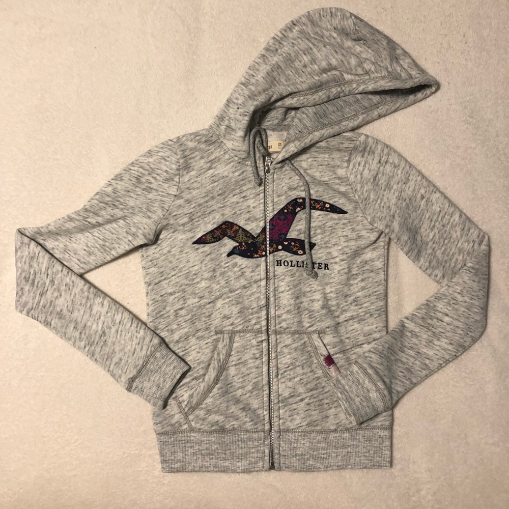 Hollister Heather Grey Zip Up Jacket Bird Detail